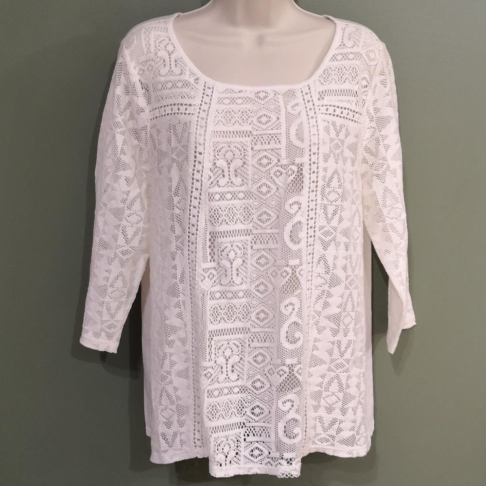 NWT Lucky Brand White Lace Front 3/4 Sleeve Top Sz L